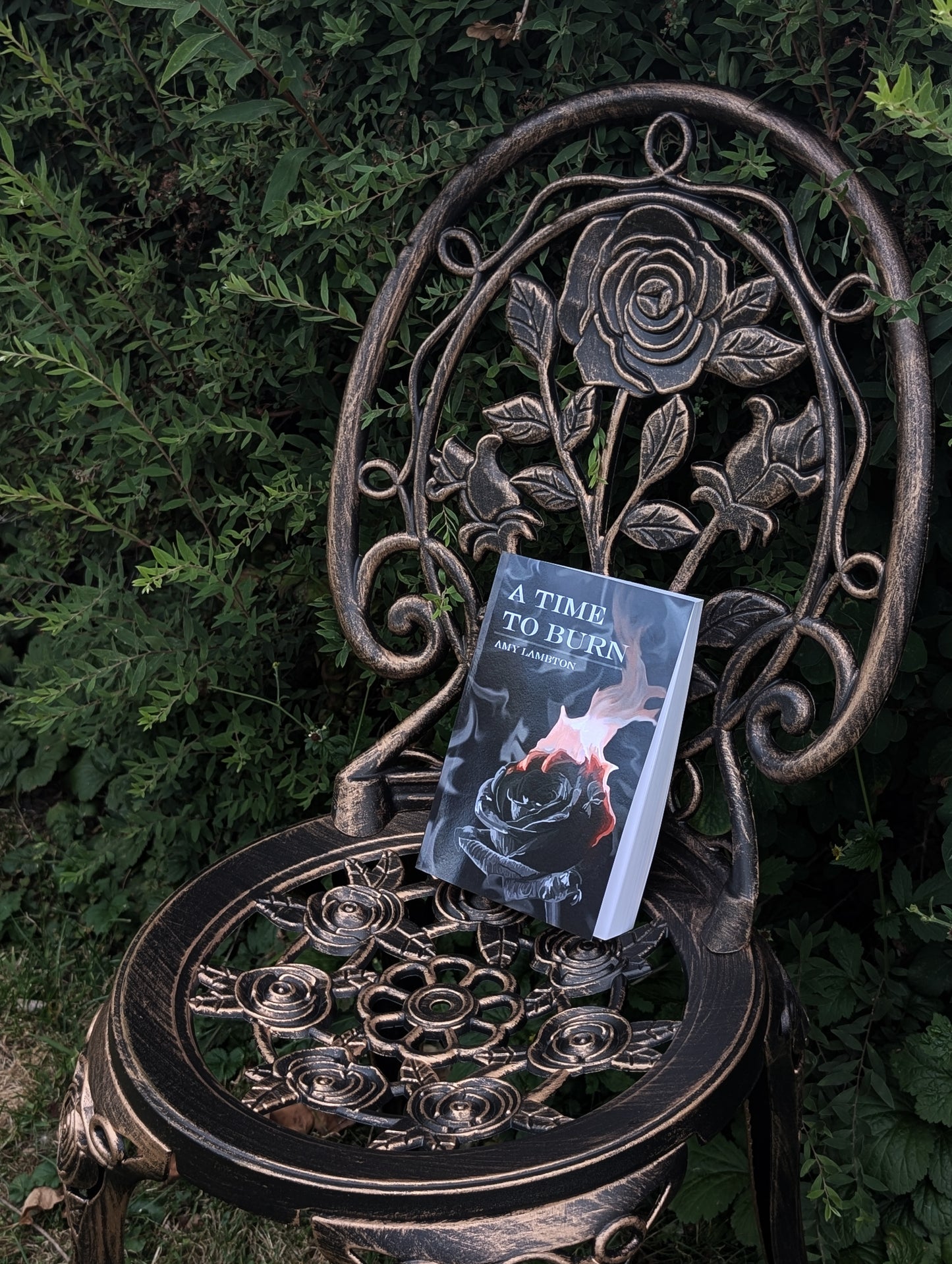 Decorative metal chair with a book titled 'A Time to Burn' on a green leafy background
